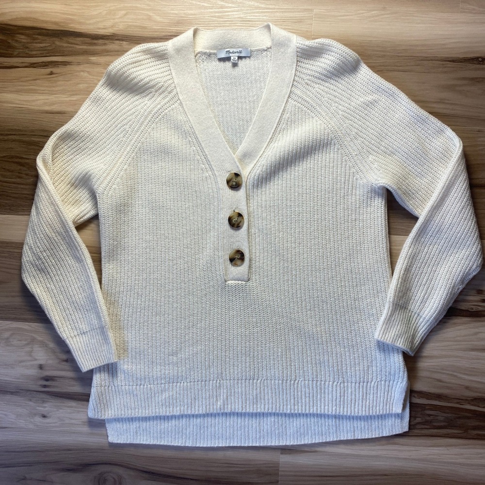 Madewell Cream Merino Wool Blend Henley Ribbed Sweater XS Ivory Button Front